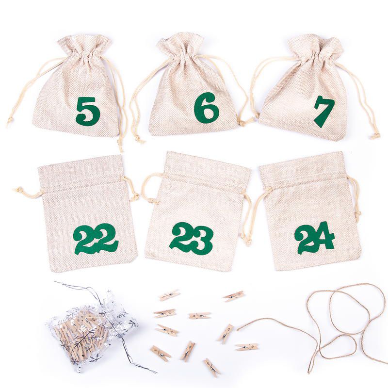 Calendario dell'Avvento sacchetti di iuta 12 x 15 cm - naturali chiari + numeri verdi Sacchetto di Natale