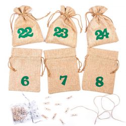 Calendario dell'Avvento sacchetti di iuta 13 x 18 cm - marroni chiari + numeri verdi Sacchetto di Natale