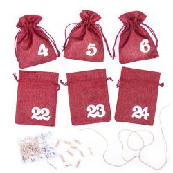 Calendario dell'Avvento sacchetti di iuta 13 x 18 cm - bordeaux + numeri bianchi Sacchetto di Natale
