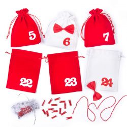 Calendario dell'Avvento sacchetti di velluto 15 x 20 cm - rossi e bianchi + numeri bianchi e rossi Sacchetti di velluto