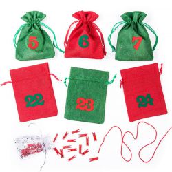 Calendario dell'Avvento sacchetti di iuta 12 x 15 cm - verdi e rossi + numeri verdi e rossi Sacchetto di Natale