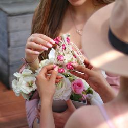 Sacchetti tipo lino con stampa 8 x 10 cm - naturale / rosa San Valentino