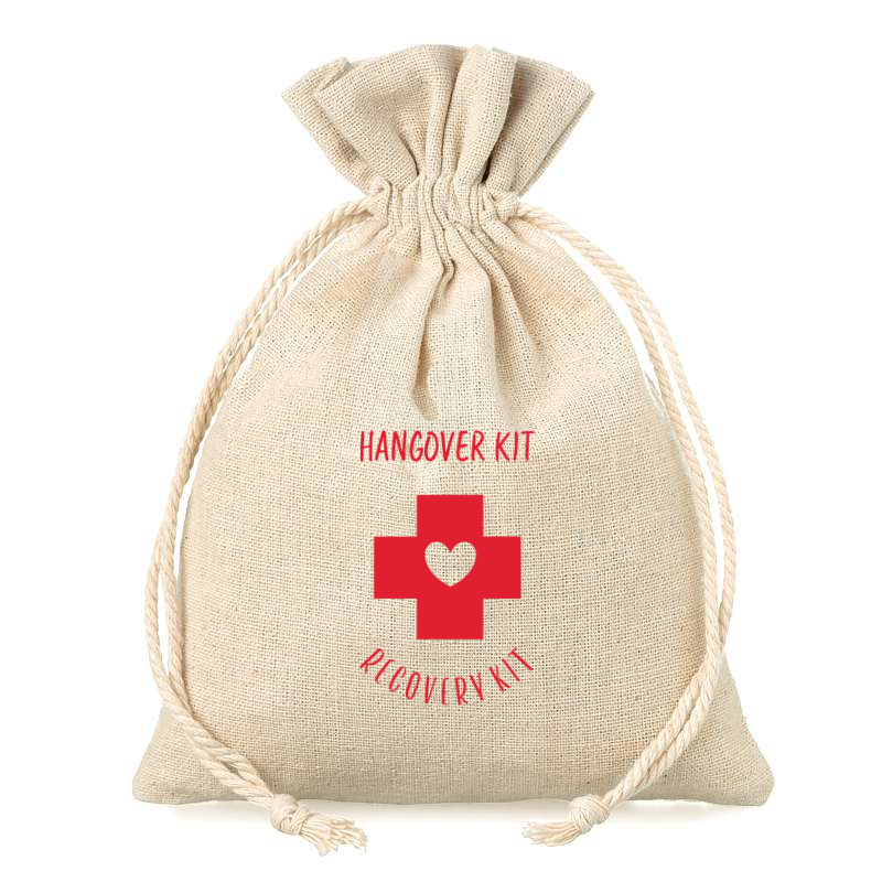 Hangover kit - set di 5 sacchetti per il dopo sbornia (in lino 15 x 20 cm).  - Saketos