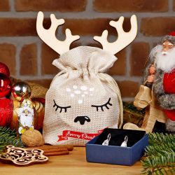 Sacchetto di iuta 13 x 18 cm - Natale + pallina di legno con corna Natale
