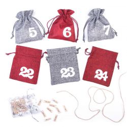 Calendario dell'Avvento sacchetti di iuta 12 x 15 cm - argento e bordeaux + numeri bianchi Sacchetto di Natale