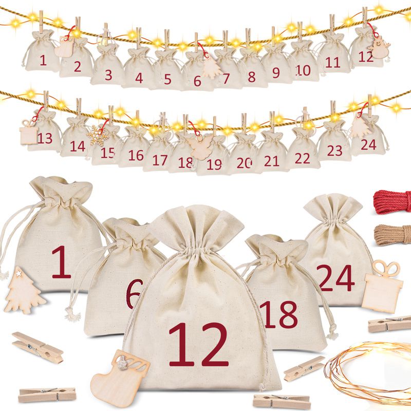 Calendario dell’Avvento, 24 pezzi Sacchetti di 100 % cotone 10 x 13 cm + accessori natalizi