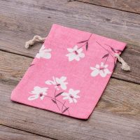 Sacchetti tipo lino con stampa 15 x 20 cm - naturale / fiori rosa In viaggio