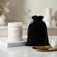 Elegante candela bianca accanto a un sacchetto in velluto nero su marmo.