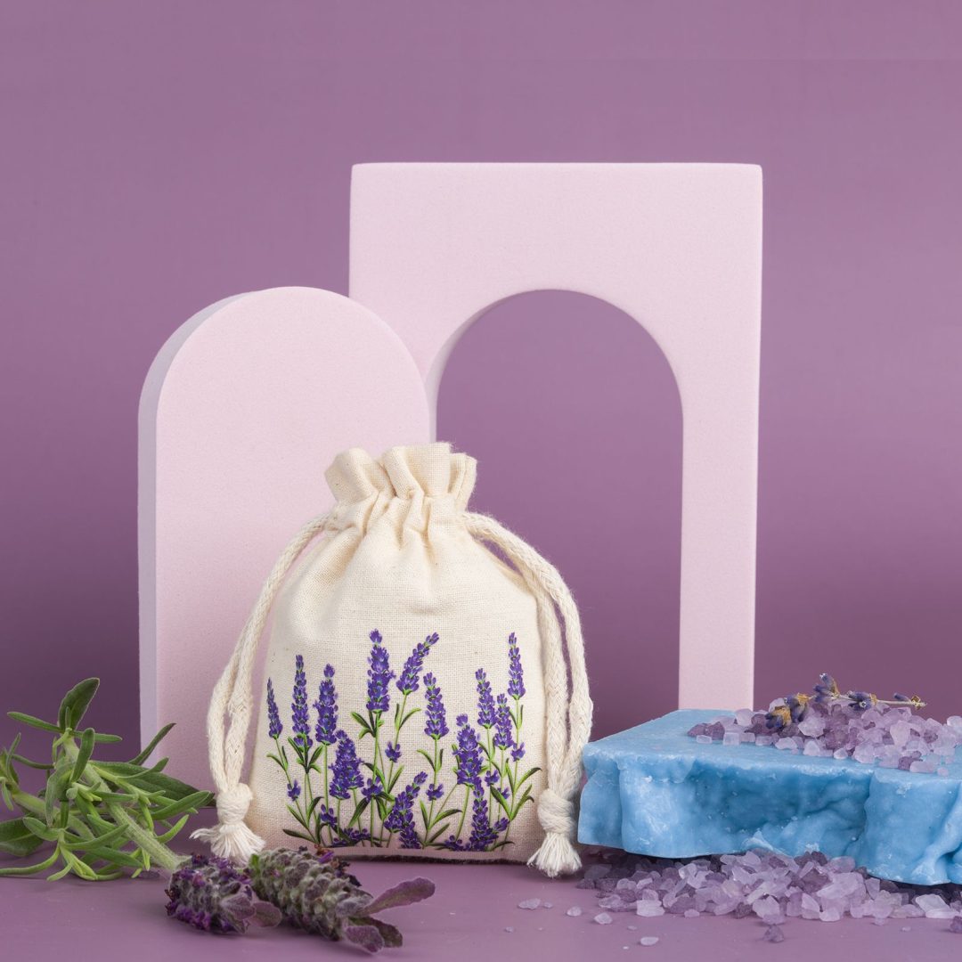 Sacchetti di cotone 8 x 10 cm - naturale con stampa lavanda IT Sacchetti con stampa