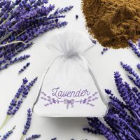 Sacchetti di organza 10 x 13 cm - bianco con stampa (lavanda) Sacchetti per lavanda