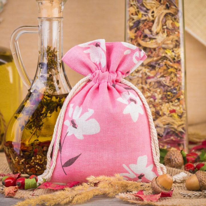 Sacchetti tipo lino con stampa 12 x 15 cm - naturale / fiori rosa Per un animale domestico