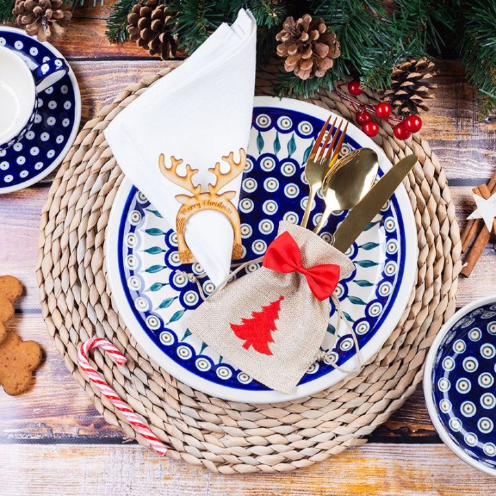 Sacchetti di iuta per posate 11 x 14 cm + fiocchi con spilla + anello per tovaglioli Natale