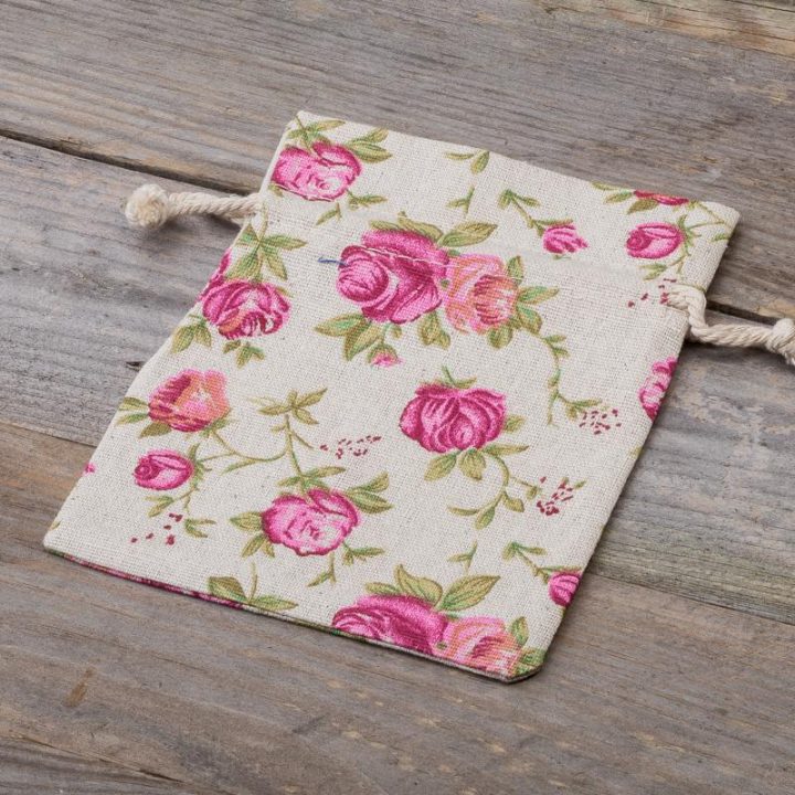 Sacchetti tipo lino con stampa 11 x 14 cm - naturale / rosa Sacchetti di lino