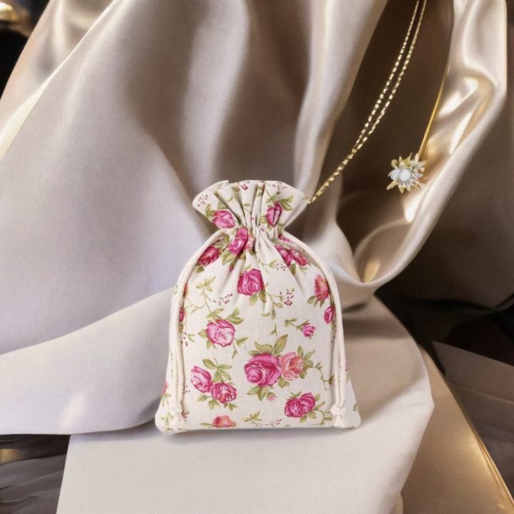 Sacchetti tipo lino con stampa 12 x 15 cm - naturale / rosa Baby Shower
