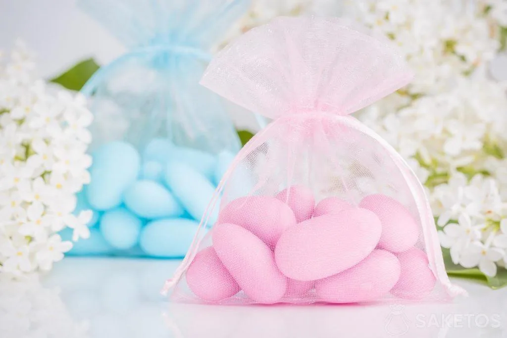 Baby shower, un anno, sacchetti per battesimo mandorle rosa e blu
