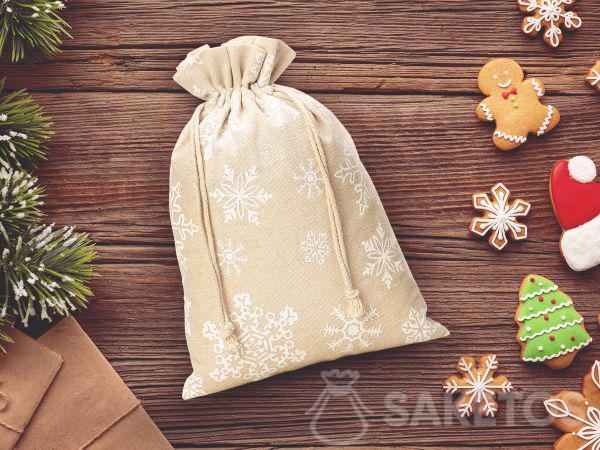 Sacchetto di lino per Natale con stampa a fiocchi di neve
