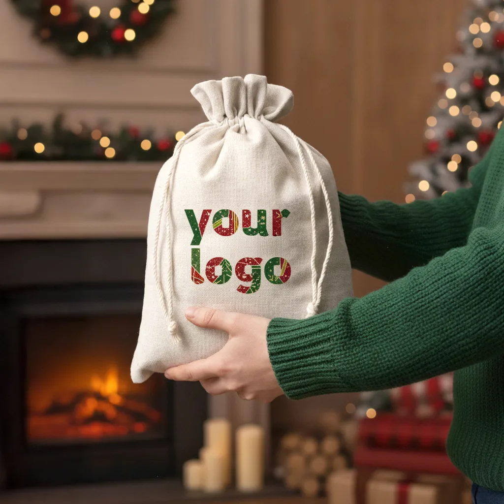 MYELLU - Set Di 4 Sacchetti Regalo Di Natale In Lino Con Ricamo 3D - 20x15 Cm - Babbo Natale, Pupazzo, Orso, Albero
