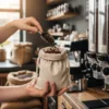 Sacchetti di lino riempiti con chicchi di caffè in caffetteria, confezione pratica