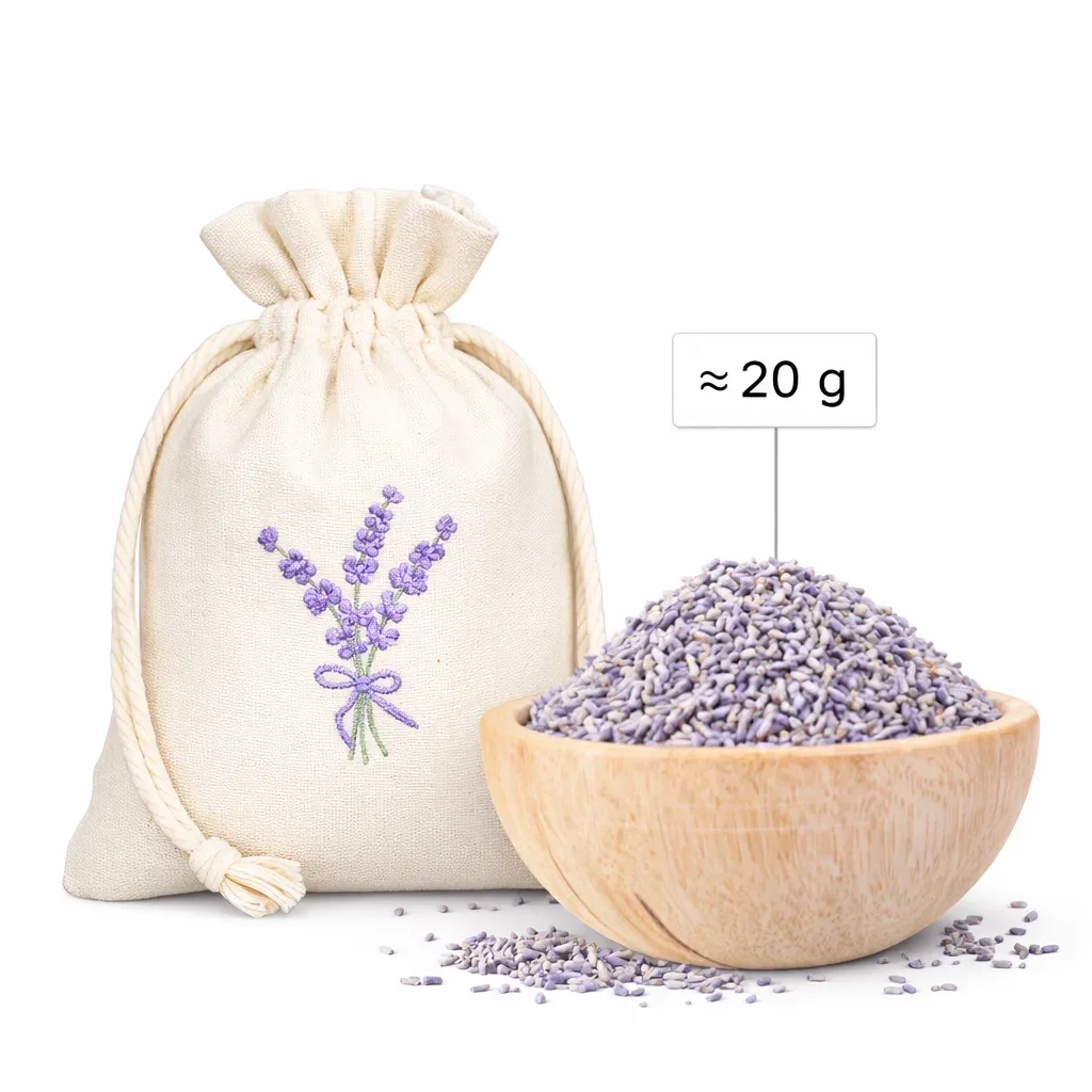 Sacchetti vuoti per lavanda in tessuto effetto lino con ricamo lavanda, esempio di riempimento circa 20 g di lavanda essiccata.