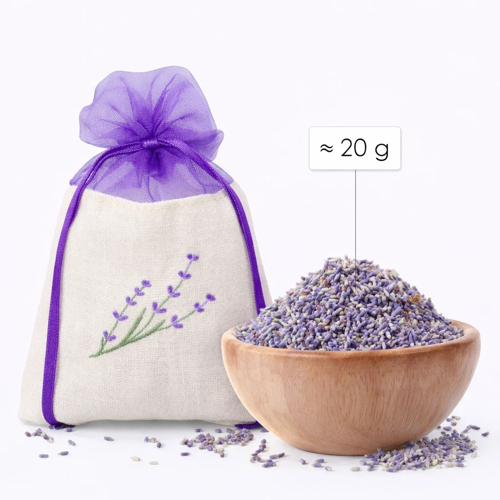 Sacchetti di lavanda 10 x 13 cm con ricamo, tessuto effetto lino con organza, accanto circa 20 g di lavanda essiccata.