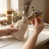 Sacchetti lino nelle mani durante il confezionamento della lavanda essiccata