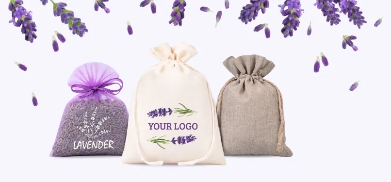 Sacchetti per lavanda personalizzati in organza, cotone e lino con logo aziendale.