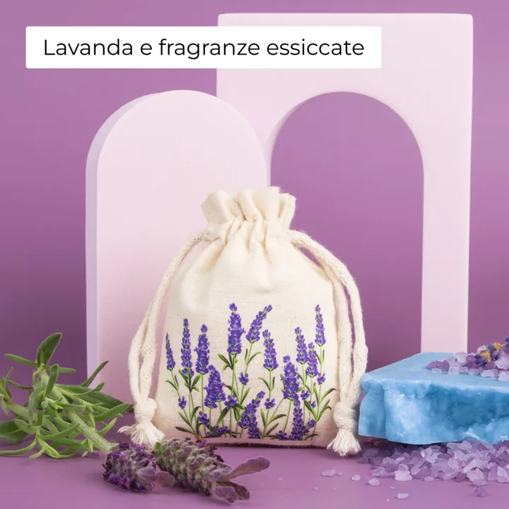 Sacchetto in cotone con stampa di lavanda per fragranze essiccate e profumatori armadio.
