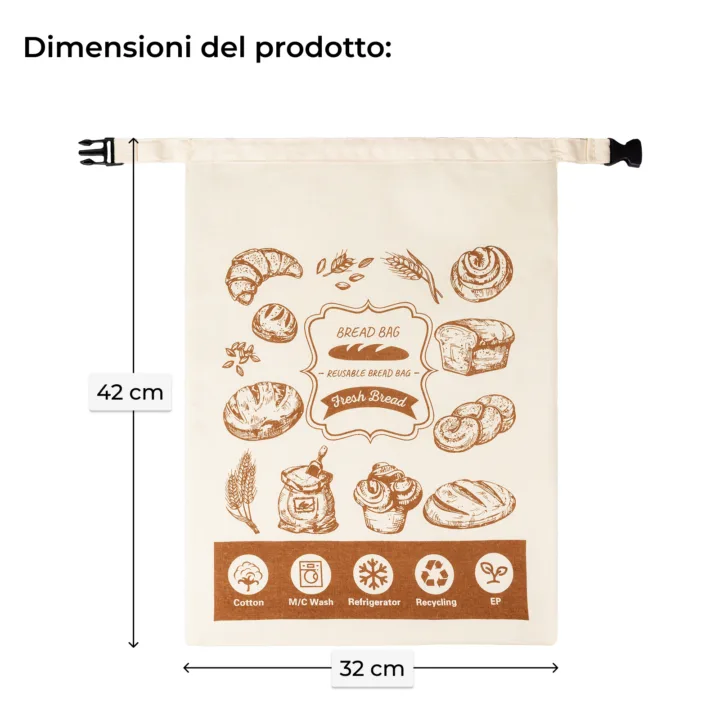 Sacchetto per pane in cotone con clip di chiusura e stampa frontale Bread Bag